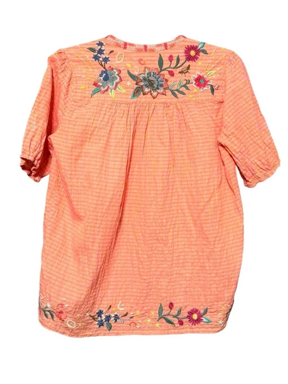 Johnny Was Olinda Puff Sleeve Embroidered Floral V-Neck Top Blouse